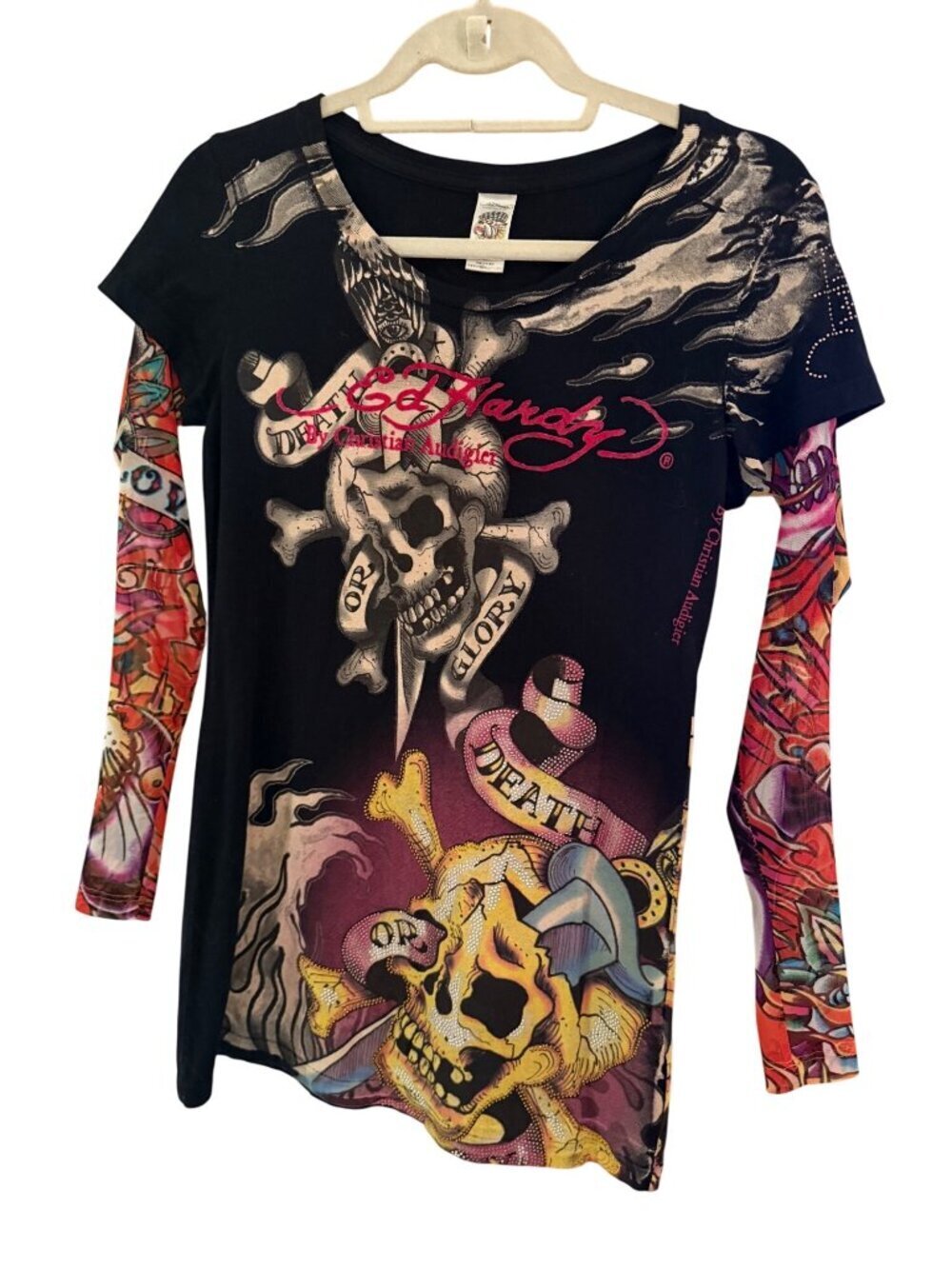 Ed Hardy Womens Long Sleeve Layered T Shirt Size S Black Crystal Embellished Y2K - Picture 11 of 12